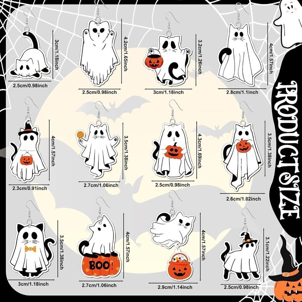 Halloween Earrings Women Ghost Cat Wooden Dangle Jewelry Gift Set 12 Pairs - Picture 2 of 6